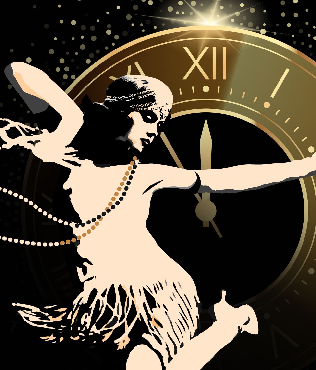 A stylised illustration of a flapper dancer in 1920s attire poses energetically in front of a large, glowing clock striking midnight, with golden sparkles scattered in the background.