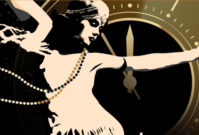 A stylised illustration of a woman in 1920s flapper attire dancing in front of a large clock face, with her arms raised and pearl necklaces swinging.